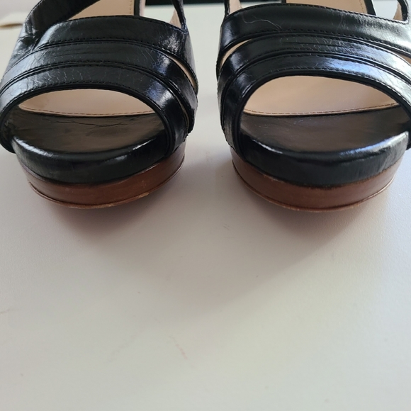 PRADA Black Leather Platform Stacked Wood Heel With Gold Buckle Ankle Strap 36 - Picture 6 of 12